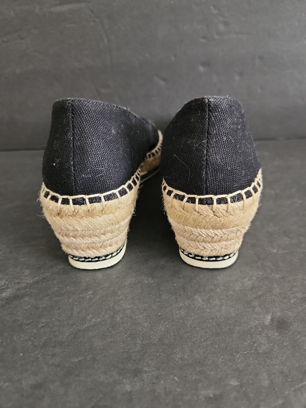 Tory Burch Espadrille Flat Logo Black Leather Canvas Women Size 8.5 - Picture 5 of 8